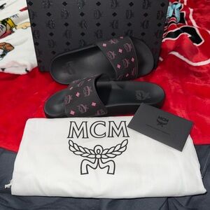MCM Women’s Black Slide Sandals with Pink Logo Accents